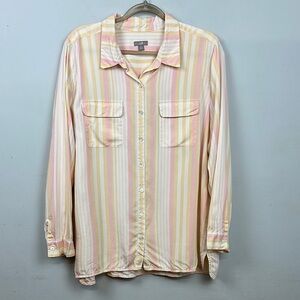 J Jill 100% Silk Pastel Striped Casual Long Sleeve Button Up Blouse Top Sz XL